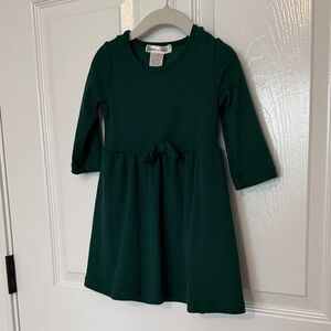 Emma & Sam Dark Green Ribbed Long-Sleeve Kids Dress with Waist Tie